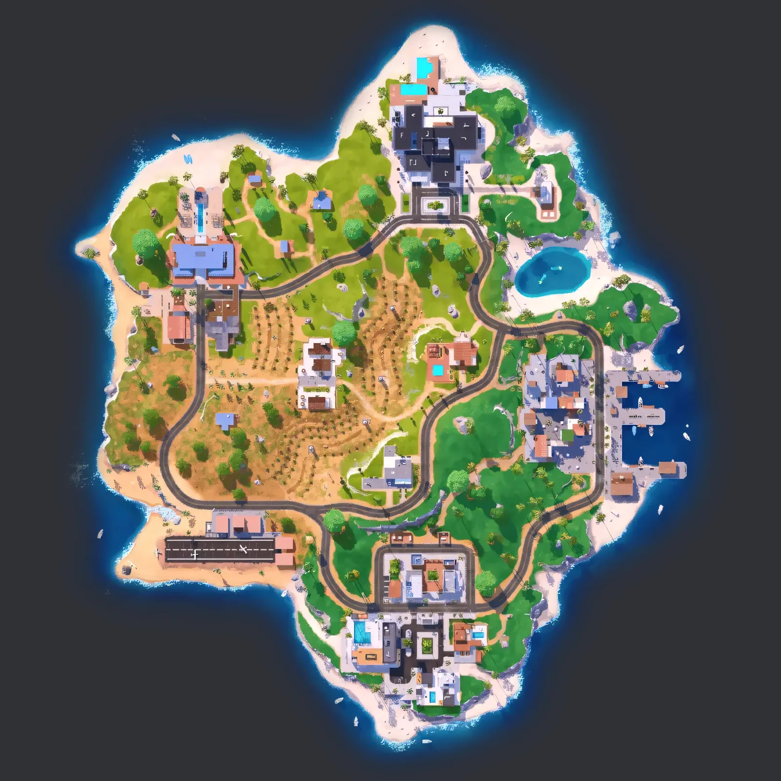 Fortnite Blitz Starfall Island map, a Chapter 5 themed island with Holloway House, Flowberry Fields and a small airport