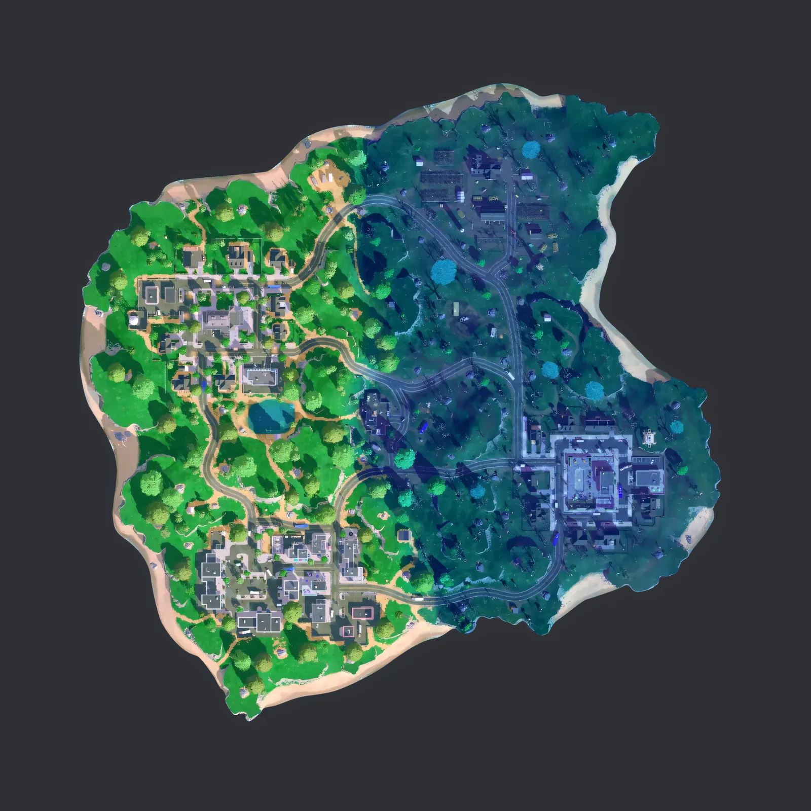 Fortnite Blitz Stranger Things map, the Hawkins island split between the normal town and the Upside Down