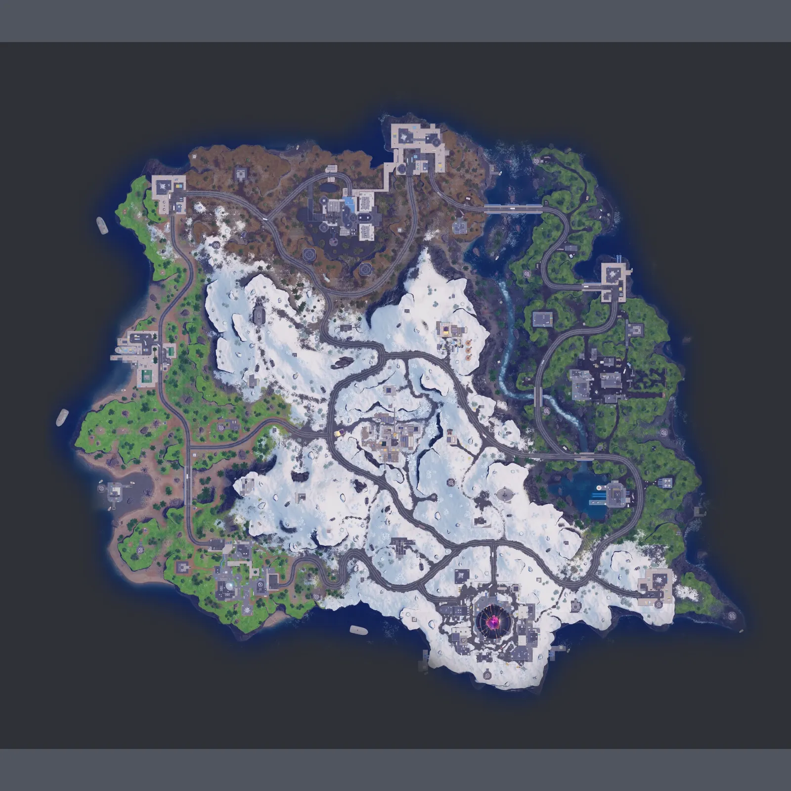 Fortnite Reload Elite Stronghold map, a snowbound fortress island with Elite Armory and Hostile Hold